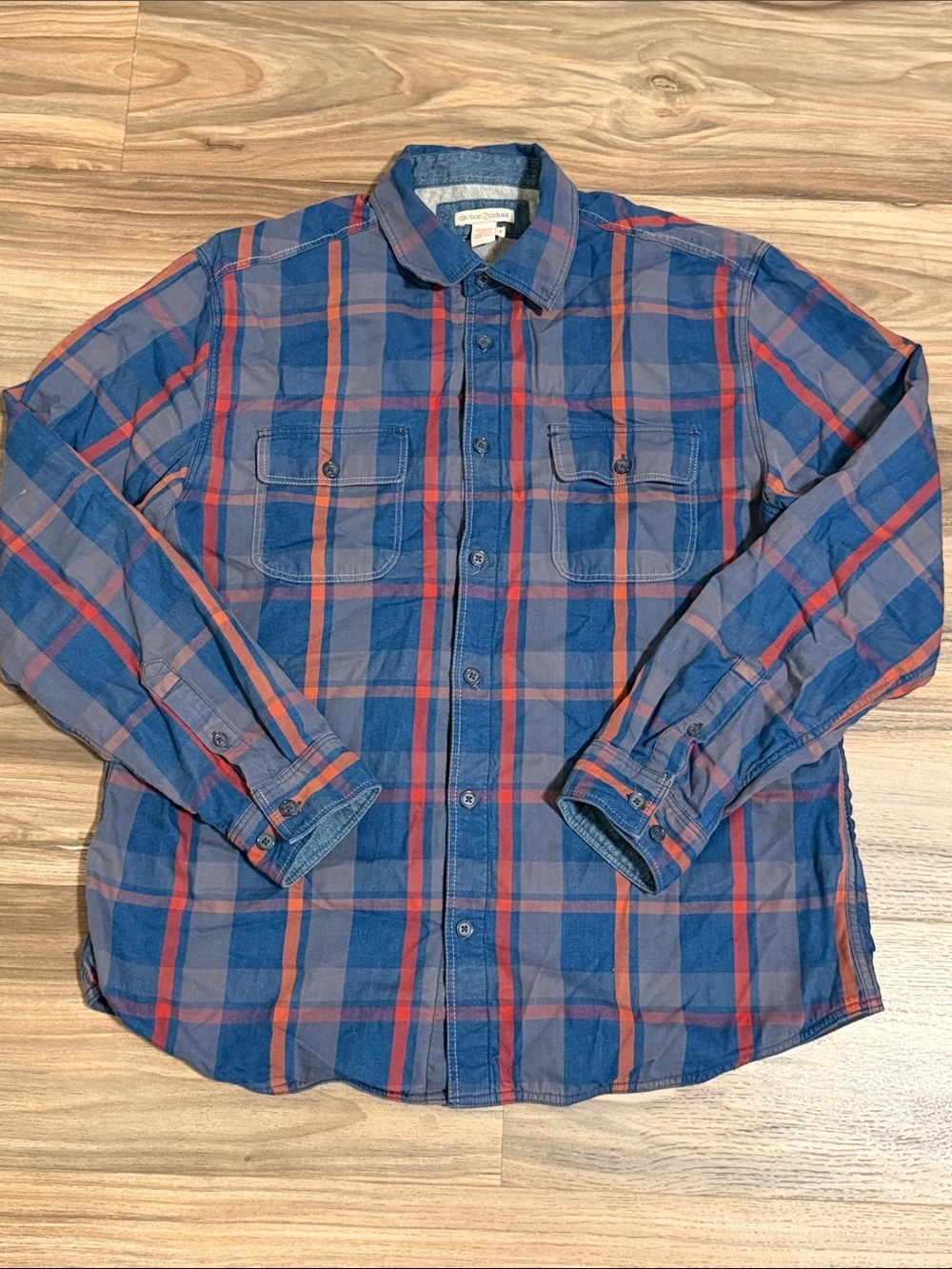 Carbon 2 Cobalt Mens M Blue Red Plaid Shacket L/S Button Up Jersey Lined Cotton